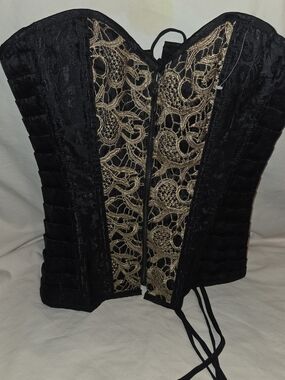 NWOT Spirit Corset Sz XL Black Gold Gothic Lace Bustier Lace Up Zip Renaissance